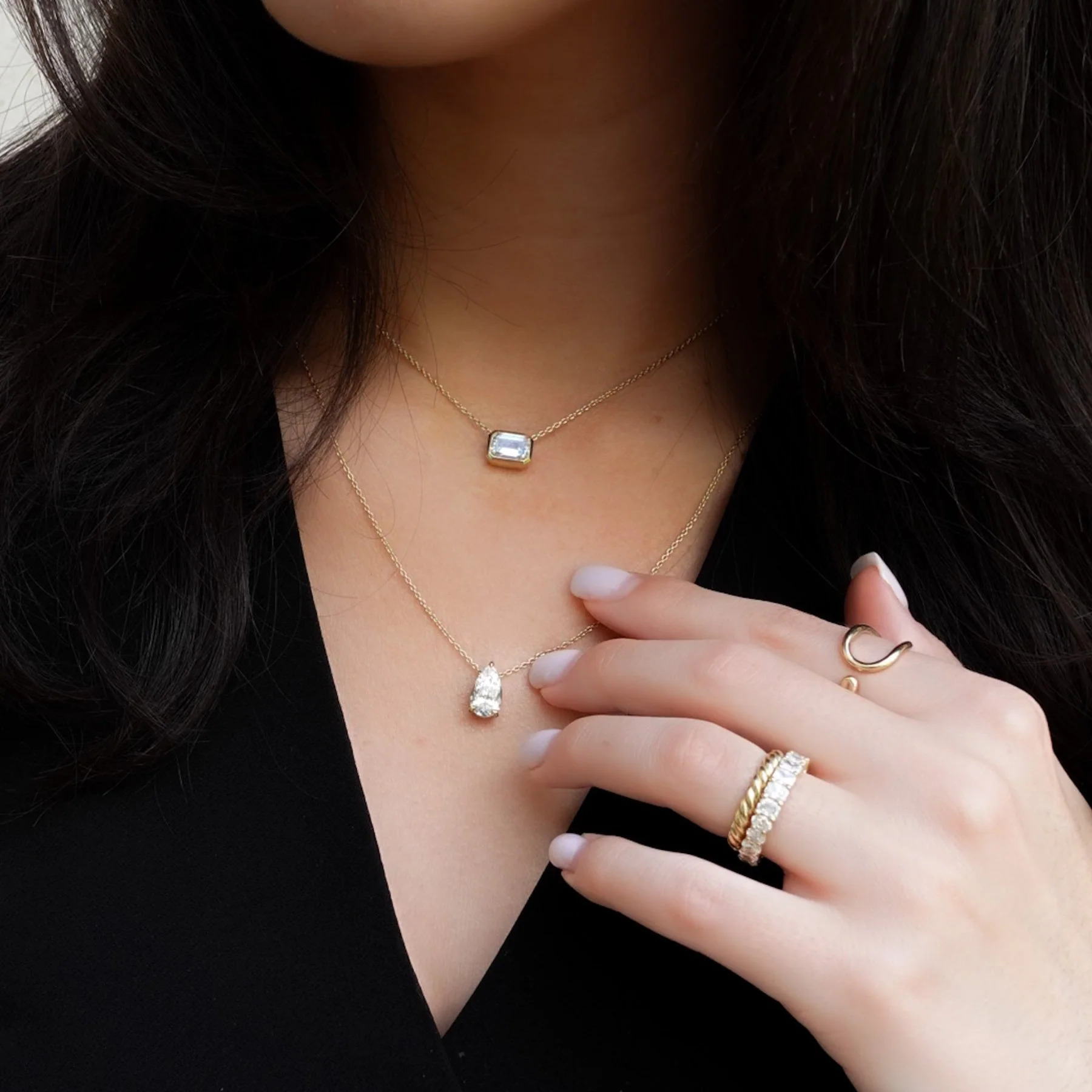 East West Bezel Pendant Necklace with Emerald Cut Diamond - Image 5