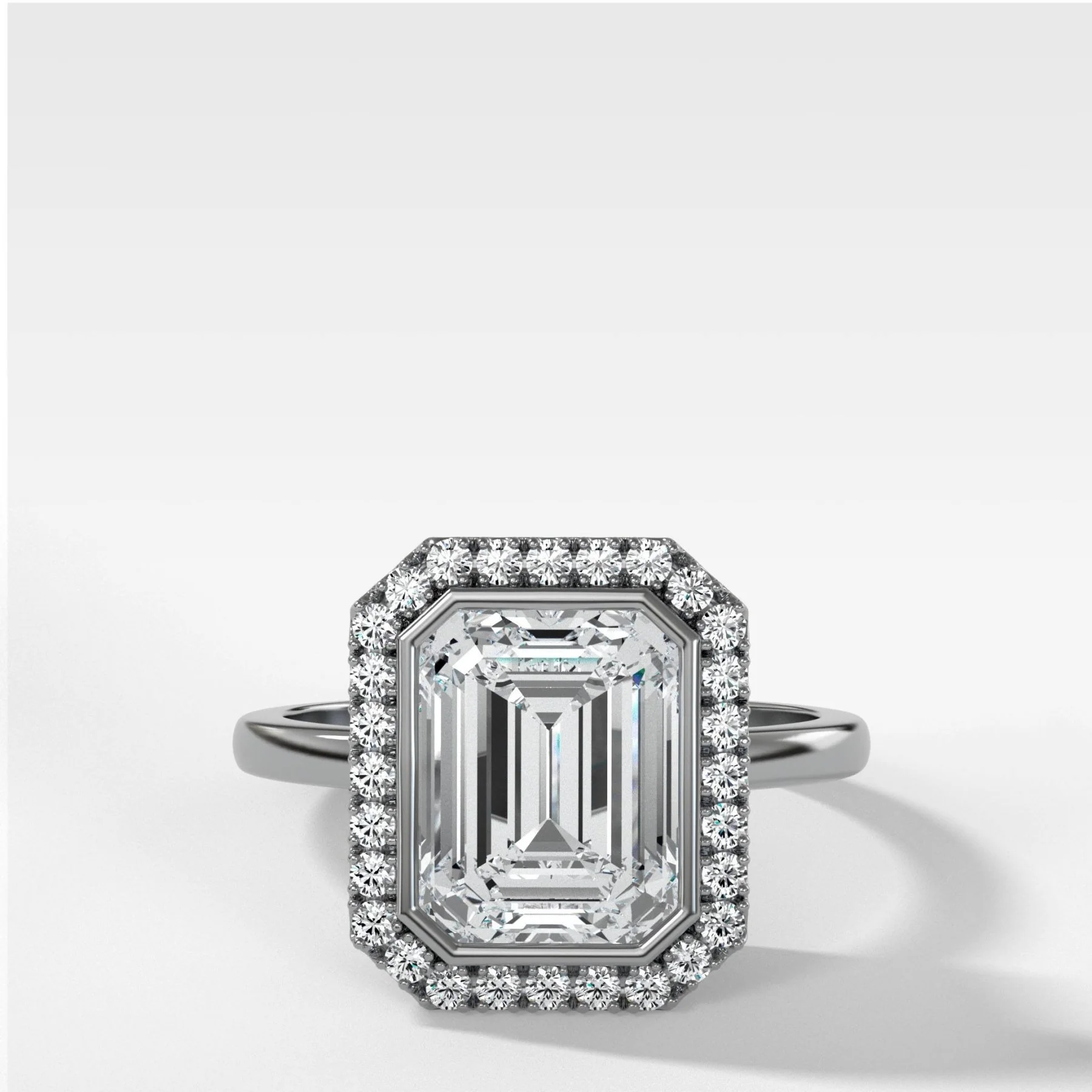 Bezel Set Halo Engagement Ring With Emerald Cut Diamond - Image 3