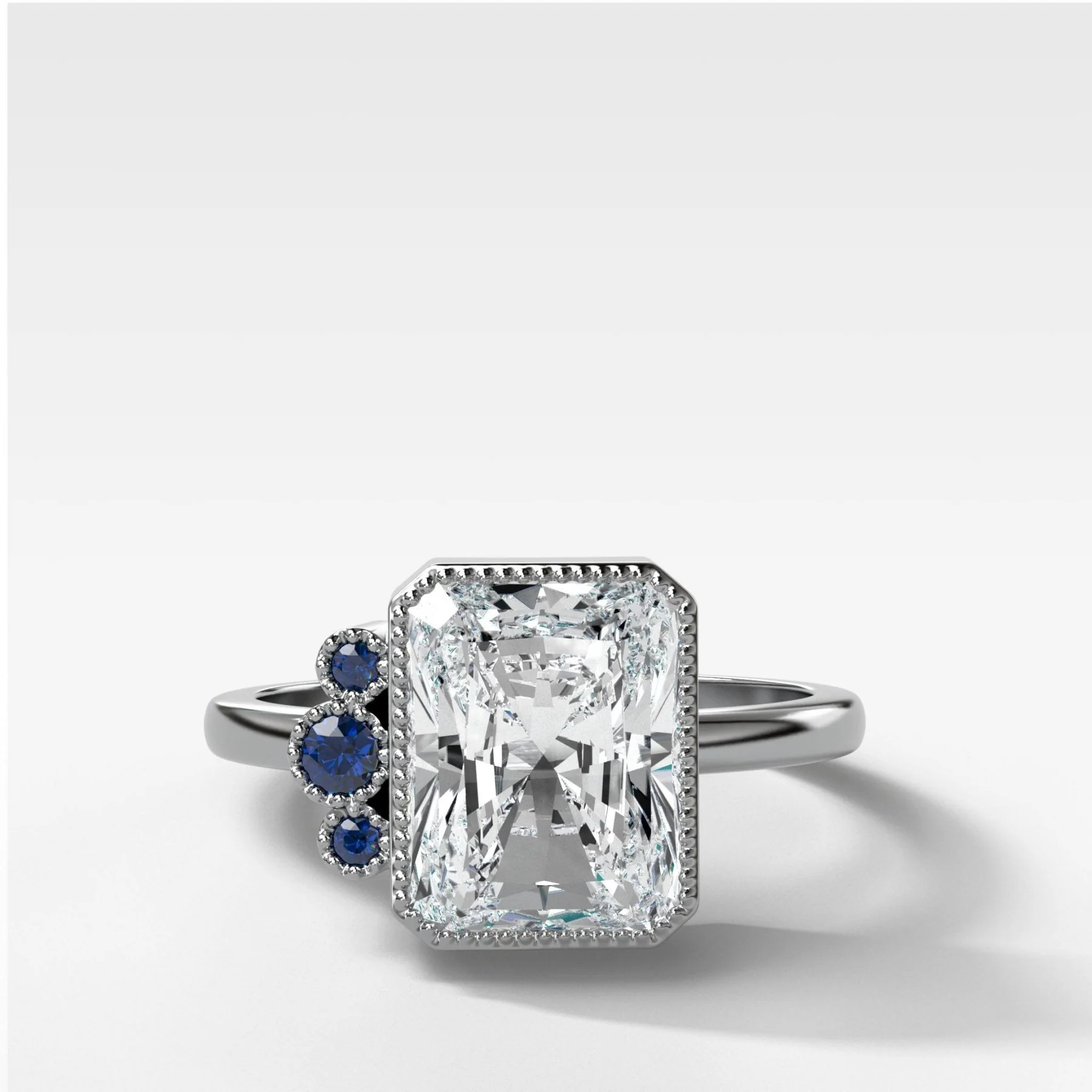 Blue Sapphire Cluster Engagement Ring With Elongated Radiant Cut - Image 2