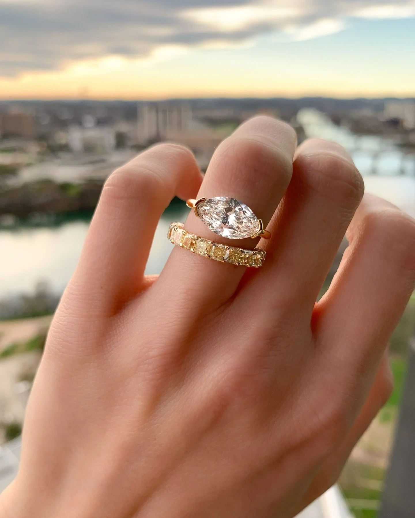 East West Half Bezel Solitaire Engagement Ring With Marquise Cut Diamond - Image 9