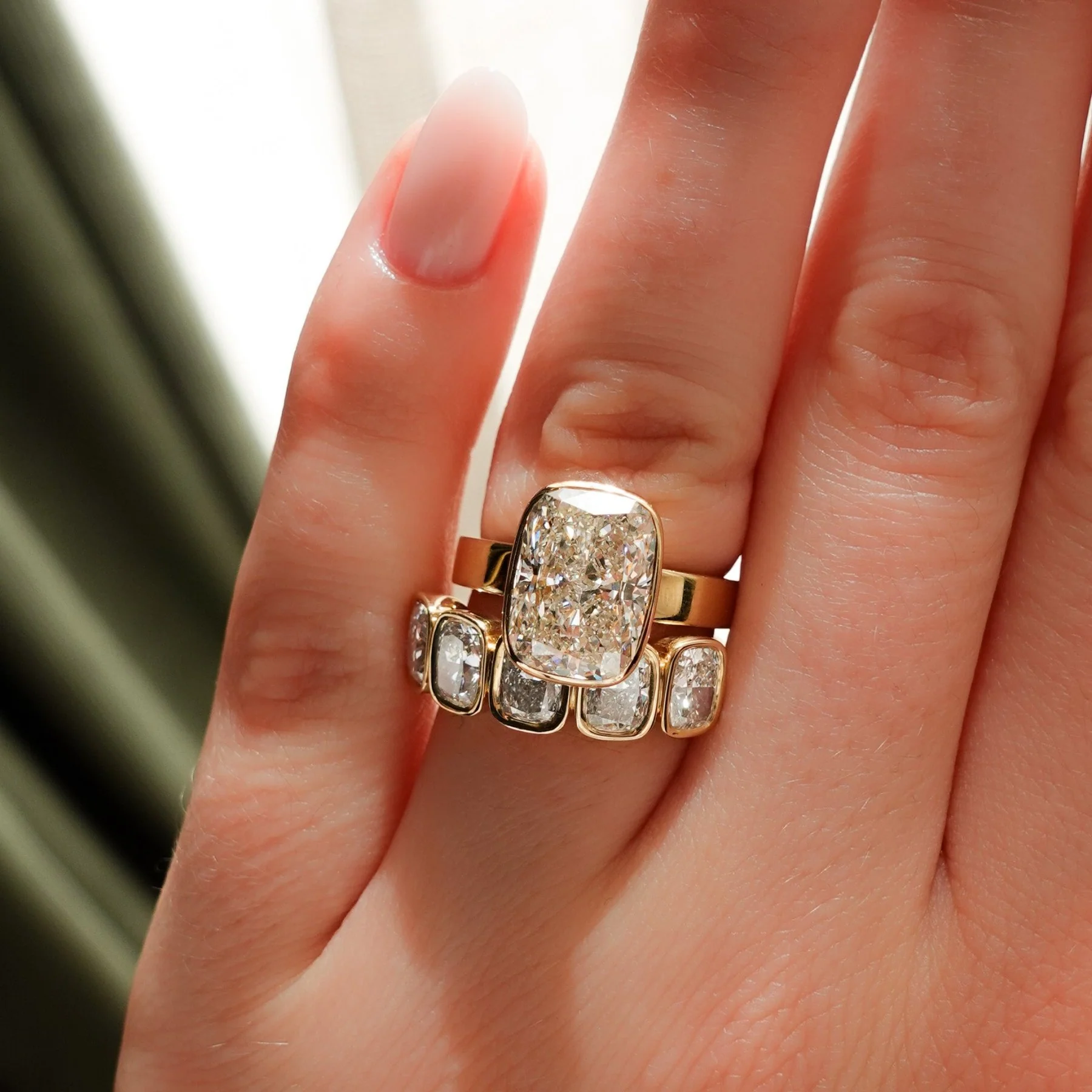 Finest Bezel Set Engagement Ring With Elongated Cushion Cut Diamond - Image 7