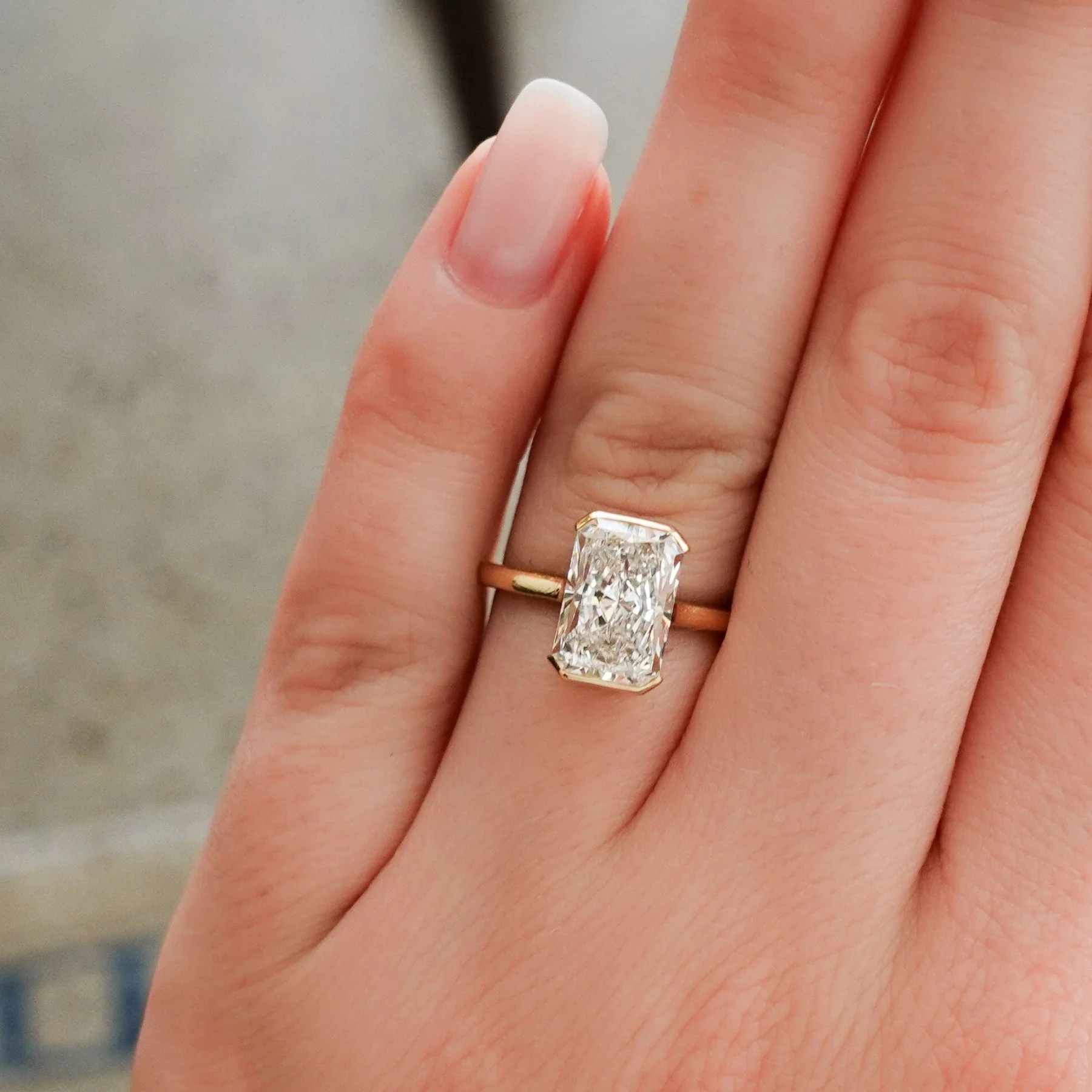 North South Half Bezel Solitaire Engagement Ring with 3.09ct Lab Grown Elongated Radiant Cut Diamond - Image 2
