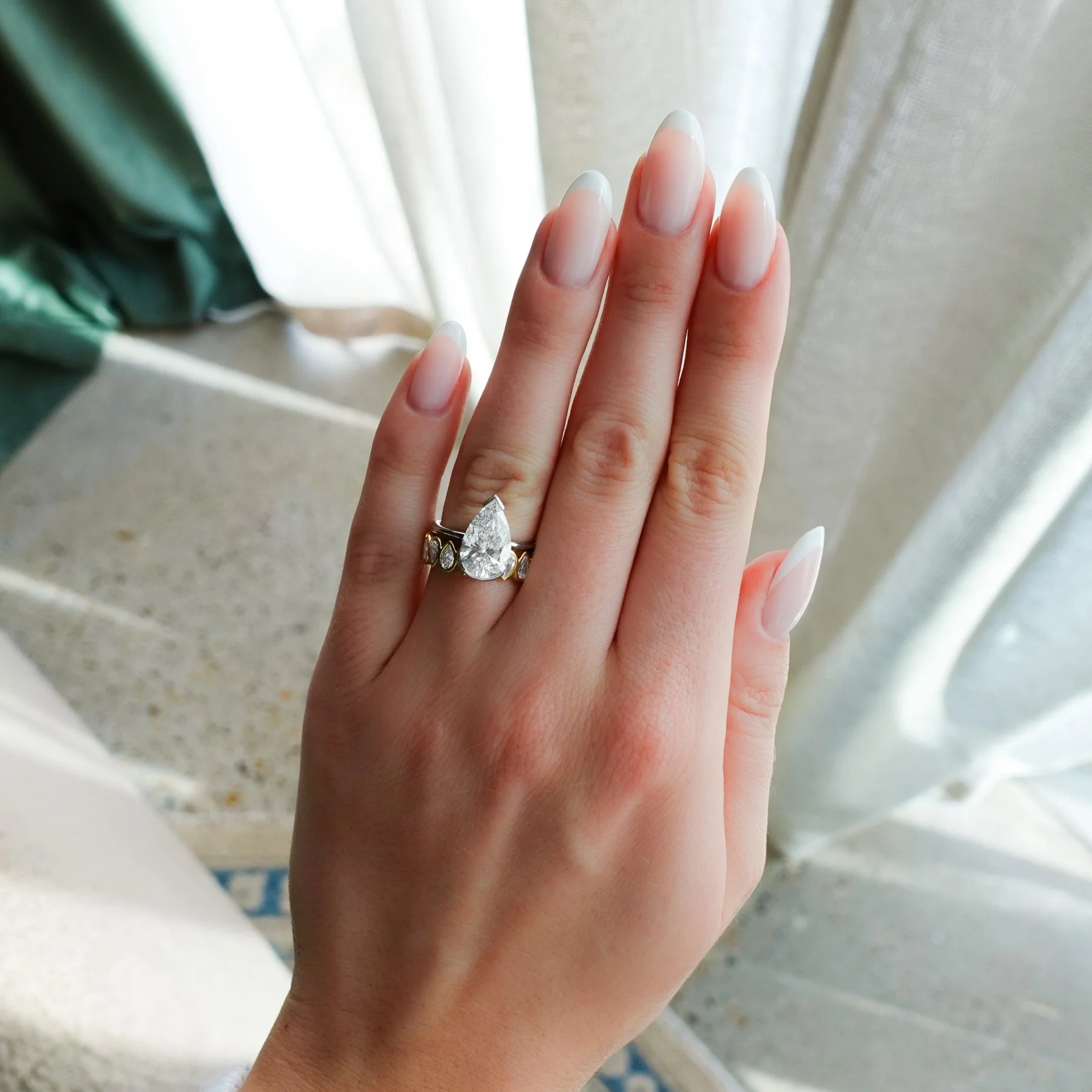 North South Half Bezel Solitaire Engagement Ring With Pear Cut Diamond - Image 8