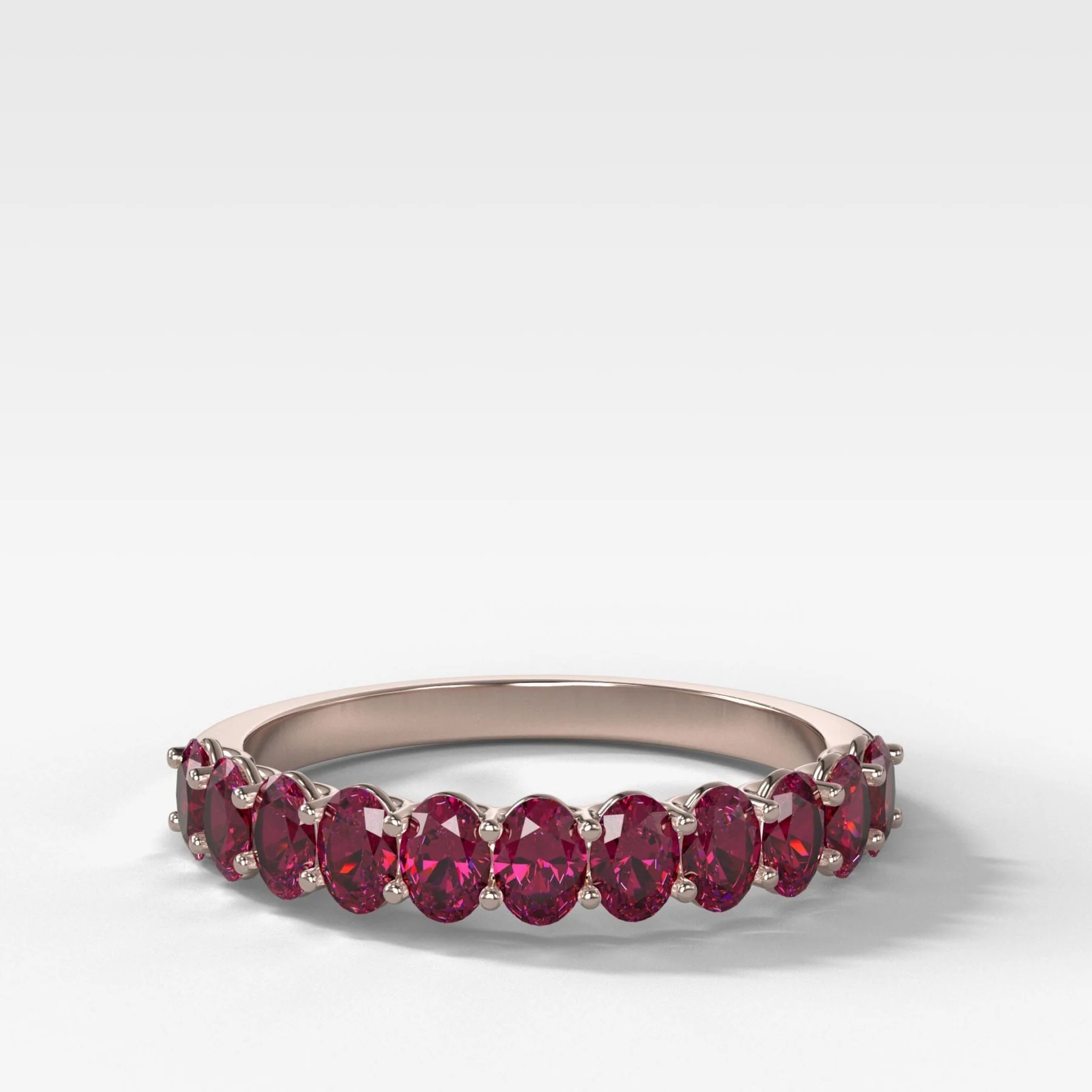 Petite Shared Prong Wedding Band with Red Ruby Oval Gemstones - Image 4