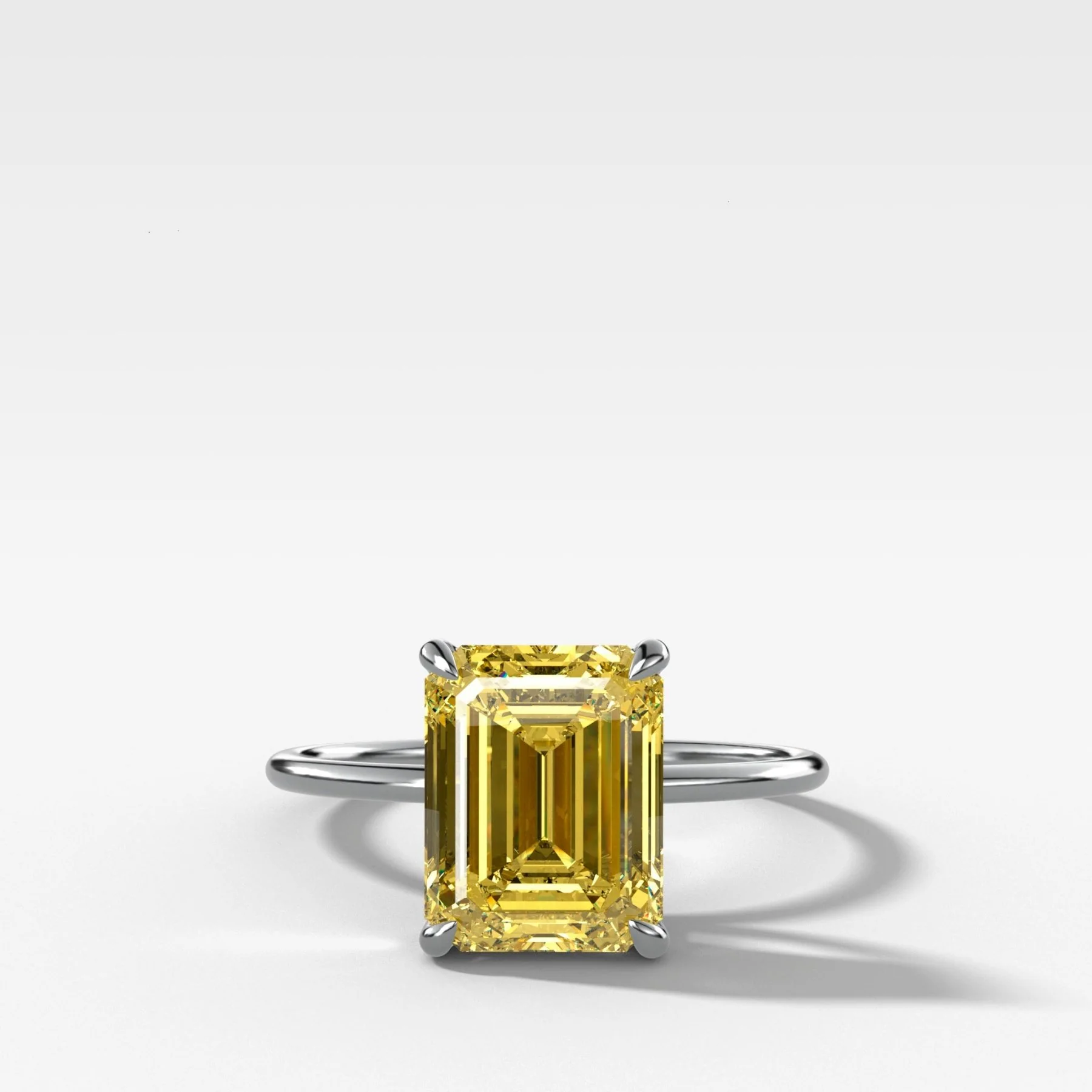Thin + Simple Solitaire Engagement Ring With Canary Yellow North South Emerald Cut Diamond - Image 2
